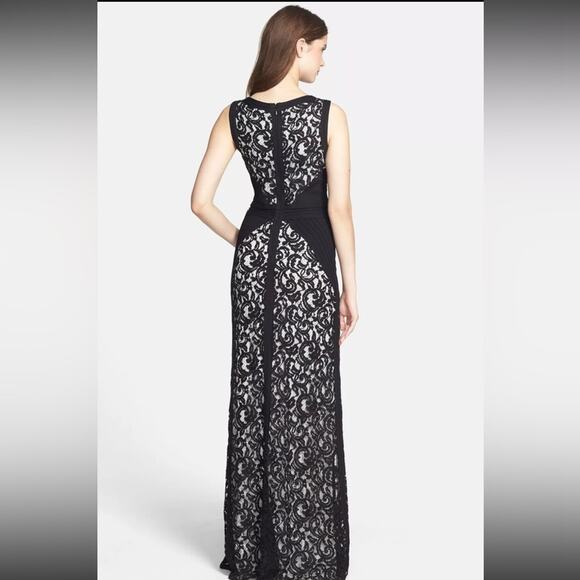 Tadashi Shoji Lace V-Neck Gown with Pintuck Jersey Piping black lace white 4 - Picture 2 of 10